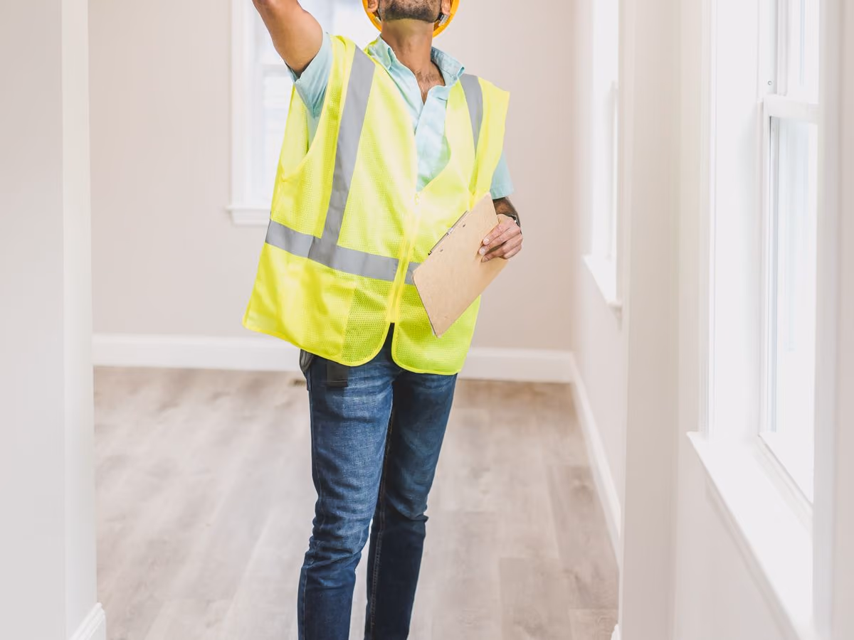 Inspector reviewing a house interior during construction